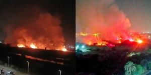النار تلتهم حشائش على مساحة كبيرة بكورنيش حدائق حلوان| شاهد