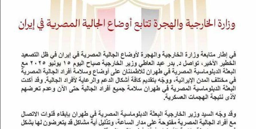 وزارة الخارجية والهجرة تتابع أوضاع الجالية المصرية في إيران